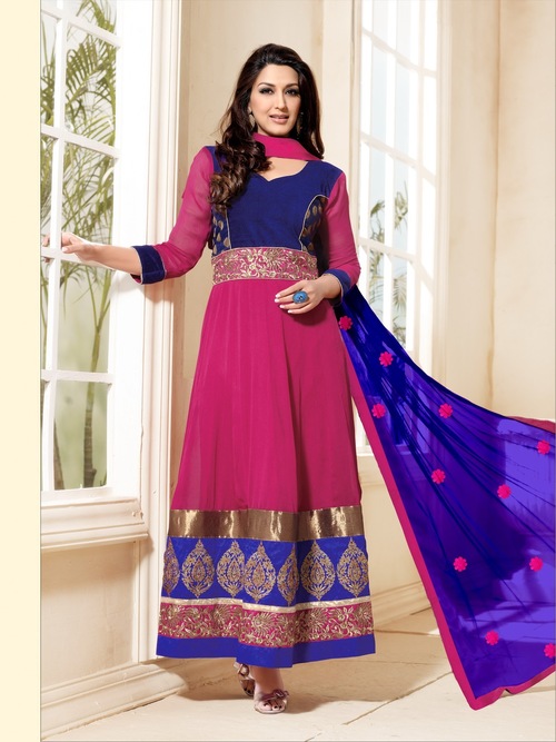 Heavy Embroidered Indian Suits - Silk Cotton, Customizable Size, Pink | Hand-Embroidered, Elegant Anarkali, Comfortable Fit