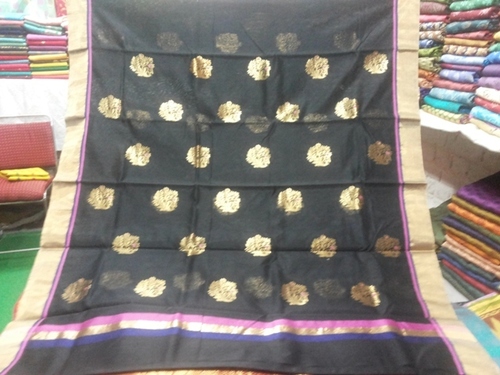 100% Silk Chanderi Zari - Black, Handloom Weave | Pure Silk, Gold Zari Work, Handmade Elegant Design