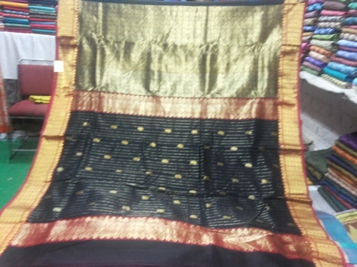 100% Silk Chanderi Zari Saree - Black, Handloom Weave, Intricate Zari Work | Luxurious Silk, Elegant Design, Perfect Drape
