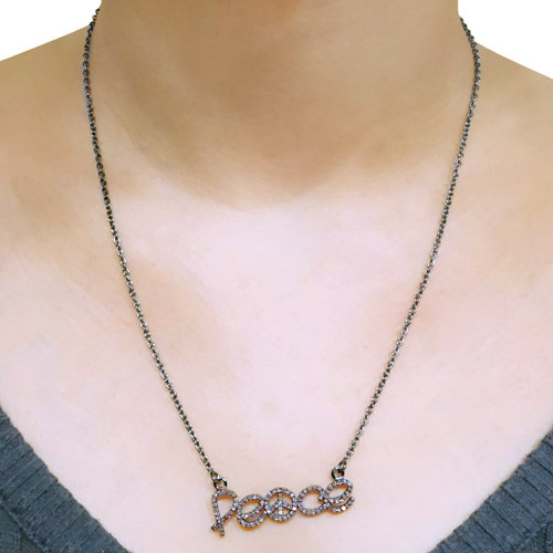Pave Diamond Silver PEACE Necklace - 925 Sterling Silver, 10IN, 0.79 CTS Diamond, Elegant Peace Symbol Gift