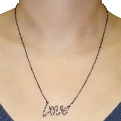 Pave Diamond Silver Love Necklace - 925 Sterling Silver, 10IN, 0.68 CTS Diamond | Elegant Design, Pave Setting, Giftable