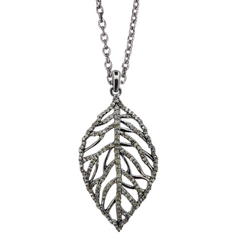 Pave Diamond Silver Leaf Pendant