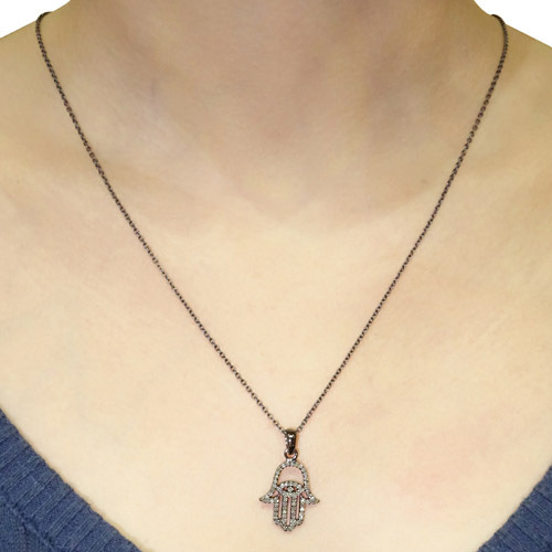 Pave Diamond Silver Hamsa Pendant Lucky Jewelry