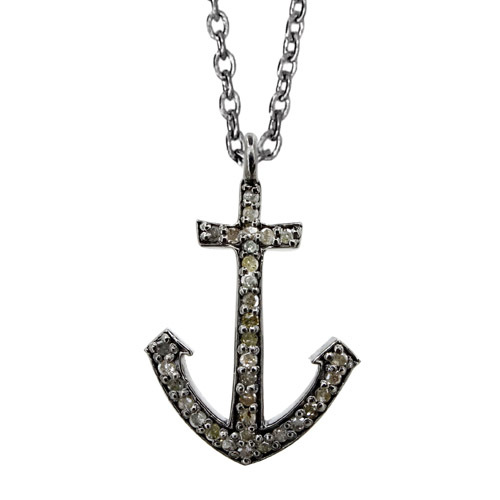 Pave Diamond Silver Anchor Pendant