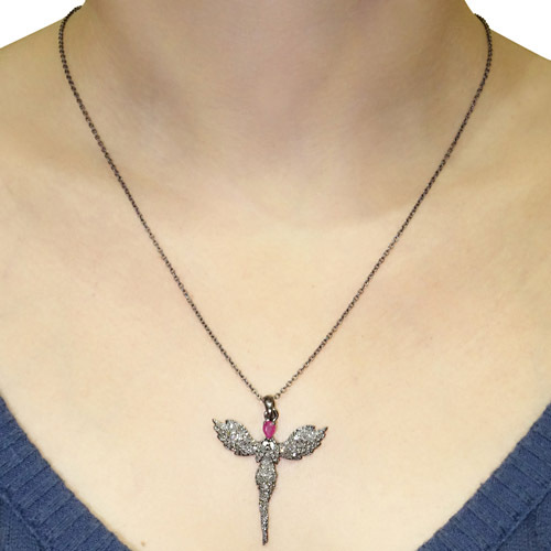 Pave Diamond Angel Charm Pendant - 925 Sterling Silver, 43x32 mm, Ruby | Elegant Design, Luxury Gift, Stunning Sparkle