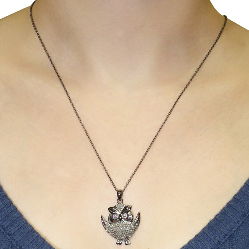Pave Diamond Silver Owl Pendant
