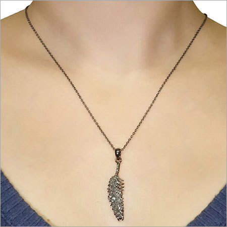 Silver Pave Diamond Leaf Pendant Necklace