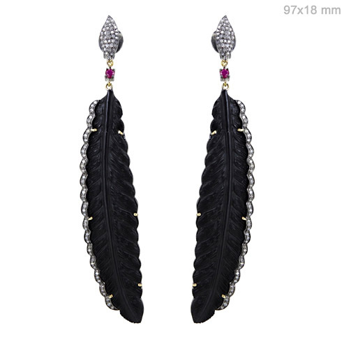Feather Design Carving Diamond Gold Earrings