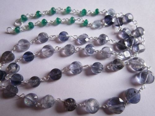 Bracelets 18 Inch Iolite Faceted Coin & Green Onyx Faceted Rondell Beaded Metal Chain