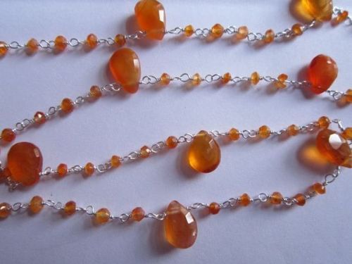 Bracelets 18 Inch Carnelian Faceted Almond  &  Faceted Rondell Beaded Metal Chain