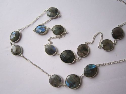 Labradorite Bezel Connector - 32 Inch, 15 Pcs, Light Black Round Stone, Sterling Silver Bracelets