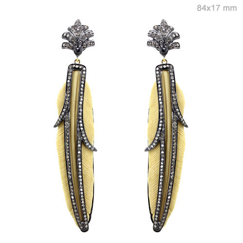 Diamond Pave Gemstone Carving Feather Earrings