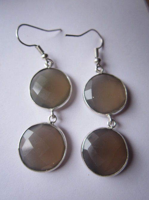 Brown 2 Pcs.Grey Moonstone  Chalcedony Bezel Connector 16Mm -17Mm Earring Pair