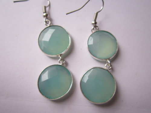 Aqua Chalcedony Bezel Connector Earrings - 16mm-17mm Size | White Gold, Round Shape with Dichroic Effect