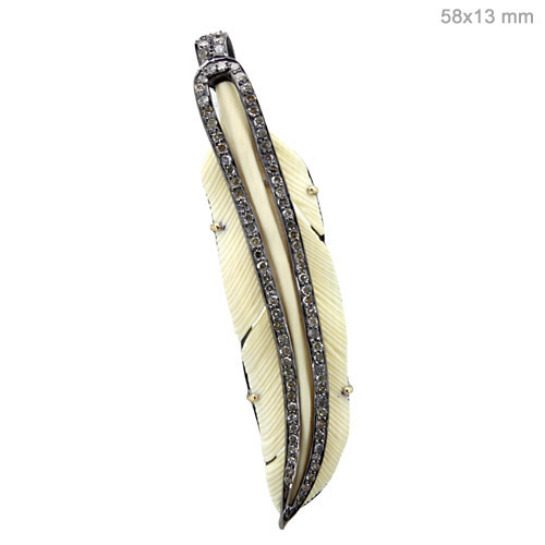 Feather Style Gemstone Carving Diamond Pave Pendant