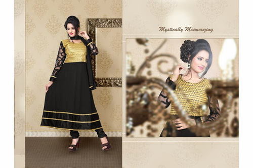 Fancy Salwar Kameez - Silk, Multiple Sizes, Black | Gold Embroidery, Anarkali Style, Elegant Design, Comfortable Fit