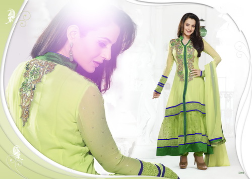 Salwar Kameez - Georgette Top, Shantoon Bottom, Light Green, Chiffon Dupatta | Embellishments, Elegant Design, Comfortable Fit