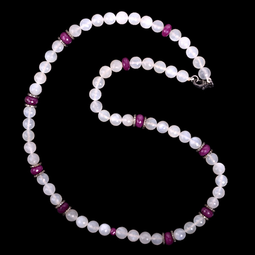 Gemstone Diamond Silver Necklace Jewelry - 925 Sterling Silver, 650mm, Moonstone & Ruby, 3.64ct Diamond, Beaded Elegant Design