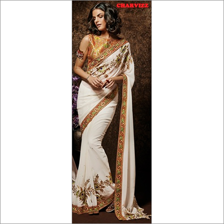 Trendy Designer Sarees - Silk Georgette, 5.5 Meters, Off-White with Golden Border | Floral Embroidery, Elegant Design, Customizable Size