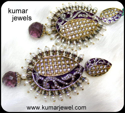 Antique Mauve Earring - Enamel, CZ, Pearls, 2-3 Inches, Mauve Oval Drop | Elegant Antique Party Wear