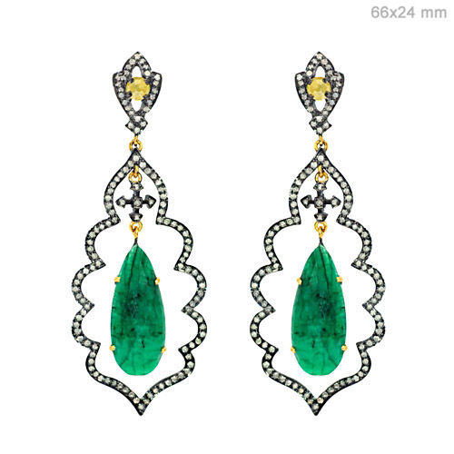 Gold Diamond Emerald Earrings - 14k Gold, 66x24 mm, Green Emerald, 2.76 CTS Diamonds, Elegant Design