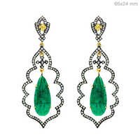 Gold Diamond Emerald Earrings - 14k Gold, 66x24 Mm, Green Emerald, 2.76 Cts Diamonds, Elegant Design