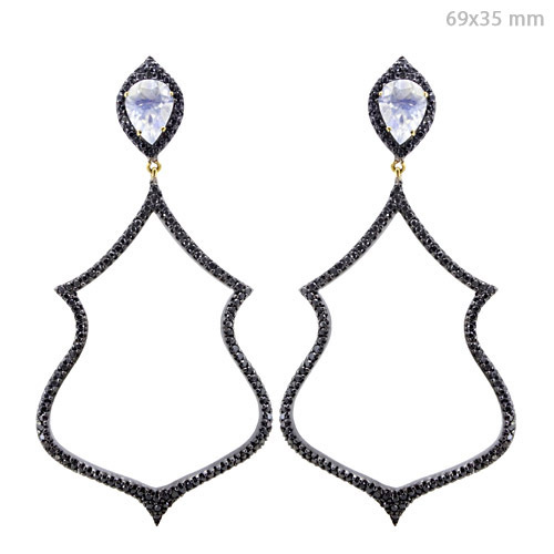 Gold Pave Diamond Moon Stone Earrings