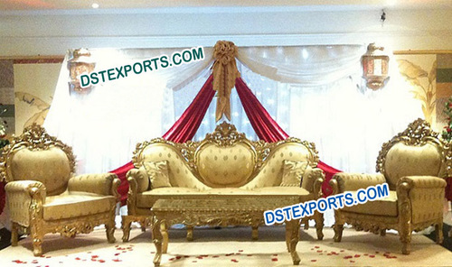 Pakistani Wedding Furniture - Treated Wood, Gold Plated, Hand Carved Sofa Set | Royal Look, Deco Painted, Leather Upholstery, Comfortable Seating