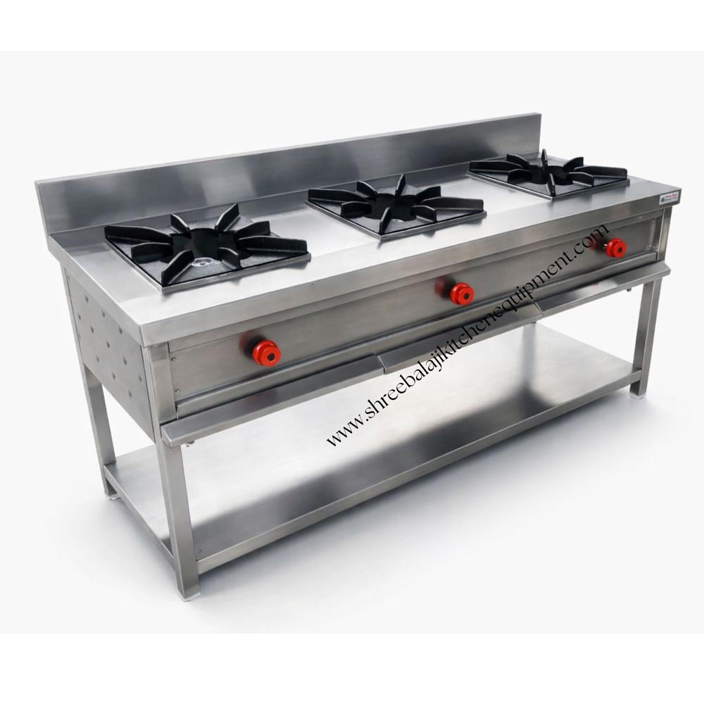 Three Burner Cooking Gas Range - Stainless Steel, 1676.4x609.6x1219.2 Mm Dimensions | Manual Operation, 1 Year Warranty, Ideal For Hotels And Restaurants