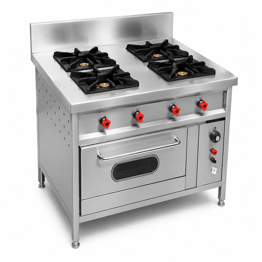 Four Burner Gas Range Below Oven - Stainless Steel, 1244.6mm Height, 635mm Length | Integral Oven And Hot Case Options