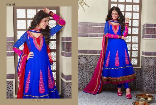 M9OO7 - Soft Silk, Knee-Length, Blue | Floral Embroidery, Elegant Design, Comfortable Fit, Perfect Stitching
