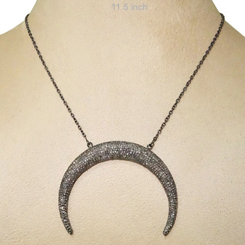 Crescent Moon Silver Pave Diamond Necklace - 925 Sterling Silver, 11IN, 1.17 CTS Diamond | Elegant Design, Gift-Ready, Fashion Jewelry