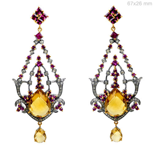 Citrine Ruby Diamond Earrings - 14k Gold, 67x26 mm, 22.32 cts Color Stones, 1.28 cts Diamonds | Elegant Luxury Gift Jewelry