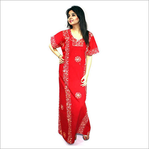 Nighties - Cotton Maxi, Red, V-Neck | Soft Fabric, Comfortable Fit, Embroidered Pattern, Breathable, Easy Care