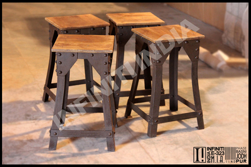 Vintage Rustic Finish Stool - Polished Metal and Wood, Standard Size Round Shape with Durable Rigid Design
