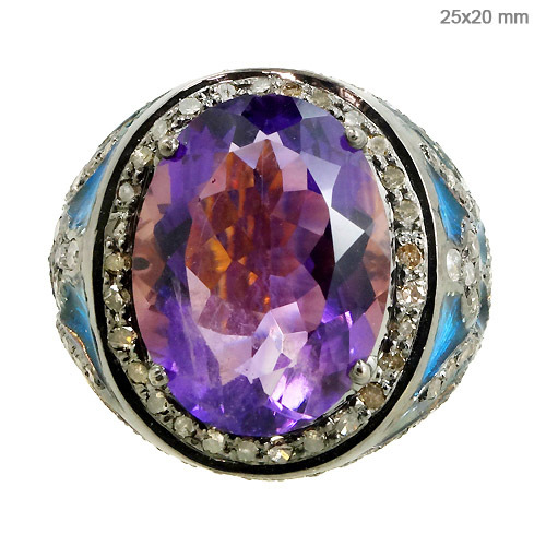 Gemstone Gold Silver Diamond Ring - 14k Gold, 25x20 mm, Amethyst, 0.96 cts Diamond | Elegant Design, Luxury Jewelry, Anniversary Gift