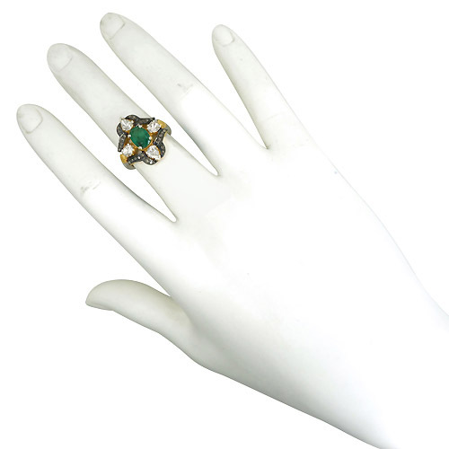 Gemstone Emerald Diamond Gold Ring Silver Jewelry - 14k Gold, 19x19 mm, Green Emerald, 0.58 cts Diamond, Elegant Design