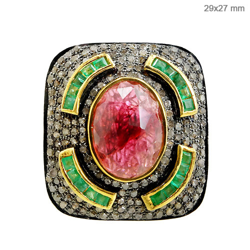 Gemstone Diamond Vintage Silver Ring - 925 Sterling Silver, 29x27 mm, Pink Tourmaline and Emerald | Trust Stamp, Elegant Design, Gemstone Accents