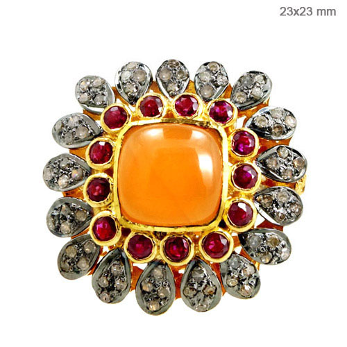 Ruby Coral Diamond Silver Ring