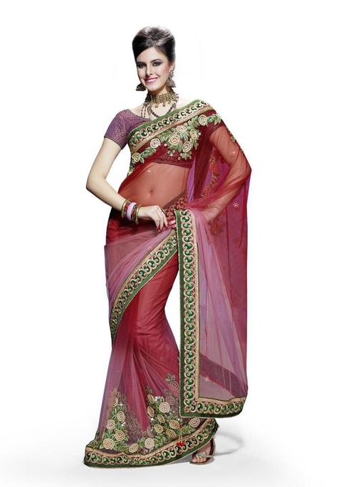 Bridal Sarees - Net Fabric, 5.5 Meters, Maroon, Zari Border | Attached Blouse, Floral Embroidery, Elegant Design, Intricate Handcrafted Work