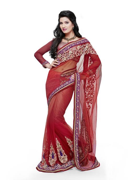 Wedding Bridal Lehenga Sarees - Net & Brocade Fabric, Red | Elegant Hand Embroidery, Classic Patch Work
