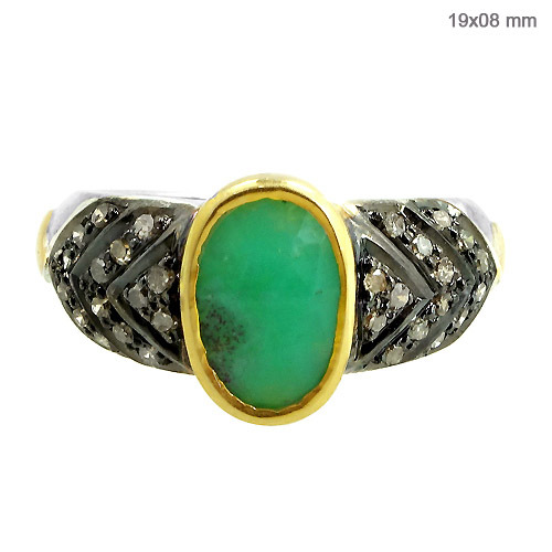Gold Silver Chrysoprase Gemstone Ring Diamond Jewelry