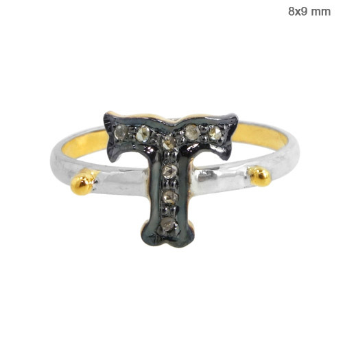 Diamond Studded T Letter Silver Gold Ring