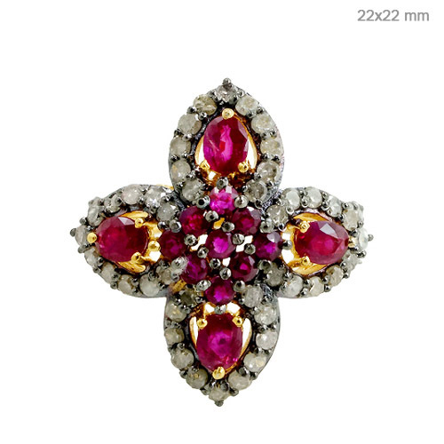 Ruby Diamond Flower Shape Ring Gold Jewelry