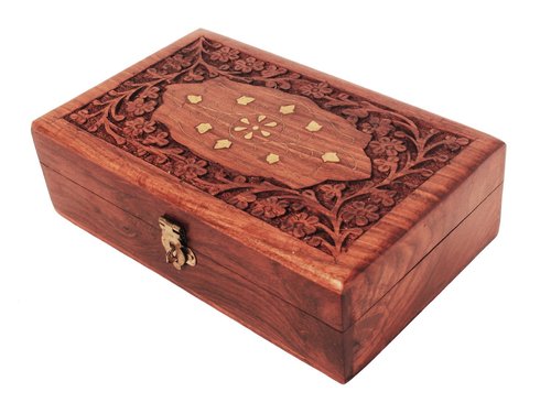 Decorative Jewelry Box Hand Carved With Floral Brass Inlay