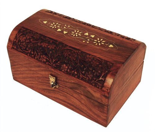 Treasure Chest Jewelry Box with Floral Carvings & Brass Inlay