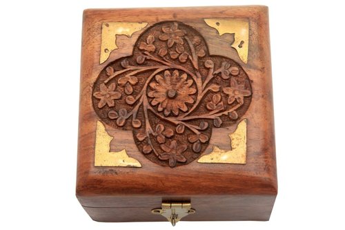 Hand Carved Jewelry Box Intricate Floral Patterns Brass Inlay & Red Velvet Interiors