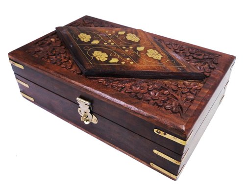 Decorative Wooden Jewelry Storage Box Brass Inlay Velvet Interiors