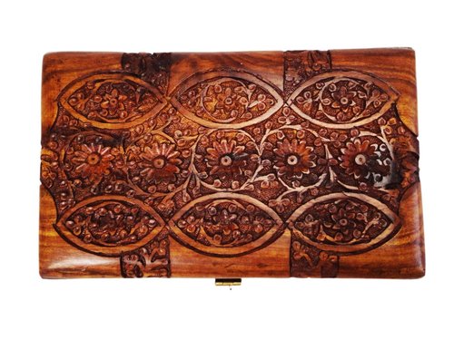 Hand Carved Rosewood Jewelry Box with Intricate Floral Patterns & Red Velvet Interiors