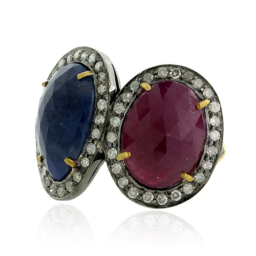 Diamond Gemstone 18K Gold Ring Jewelry - 18K Solid Gold 8.15G, Sapphire Ruby 12.75Ct, Diamond 0.68G, Pave Setting, Handcrafted, Custom Size